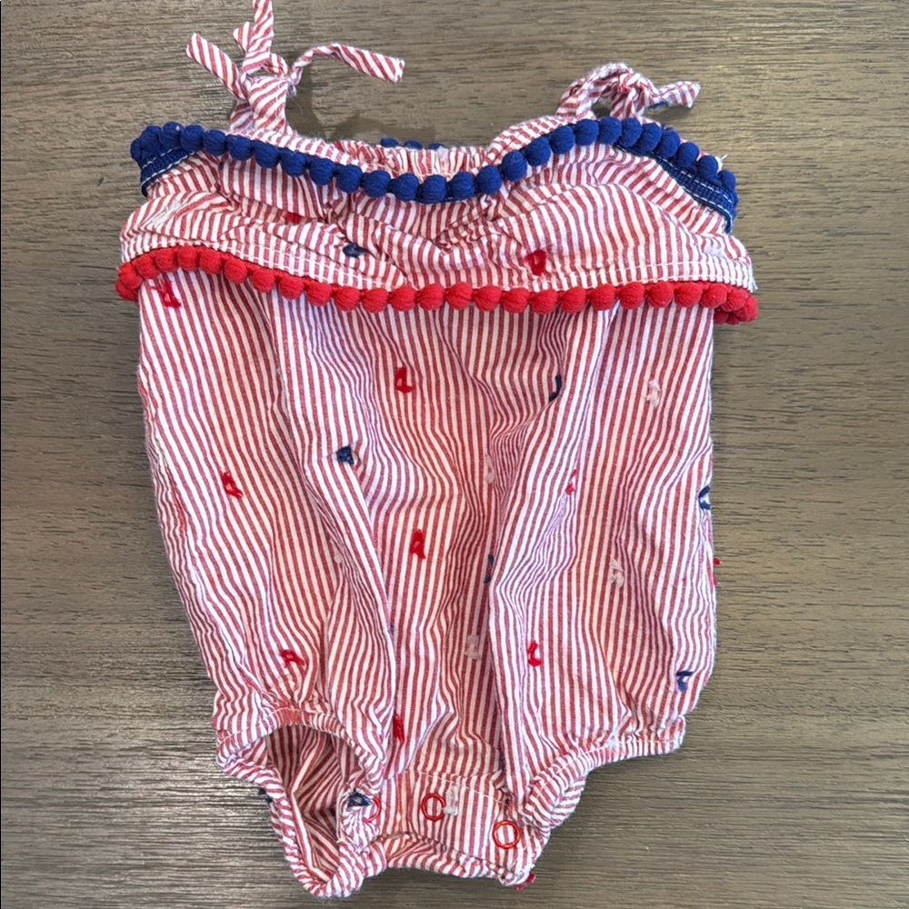Striped Baby Romper with Pom Pom Trim